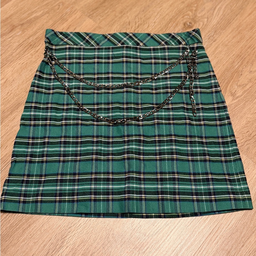 Zara Green Plaid Skirt with Chain Detail